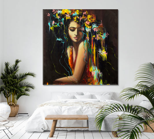 LADY OF THE FLOWERS Beautiful Woman Magic and Mythology Vivid Colors - Square Panel Fine Art Artesty