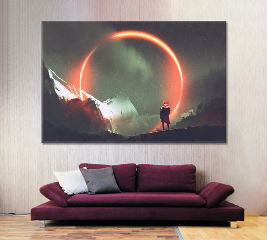 NIGHT SCENERY Man and Mystic Light Circle Landscape Surreal Fantasy Large Art Print Décor Artesty 1 panel 24" x 16"