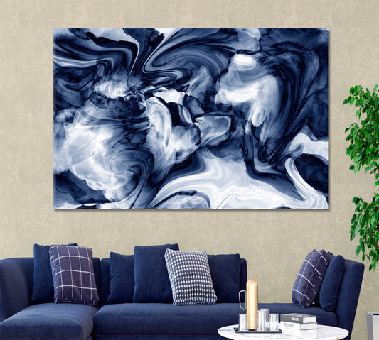 Dark Blue Marble Wavy Lines Abstract Creative Fluid Art, Oriental Marbling Canvas Print Artesty