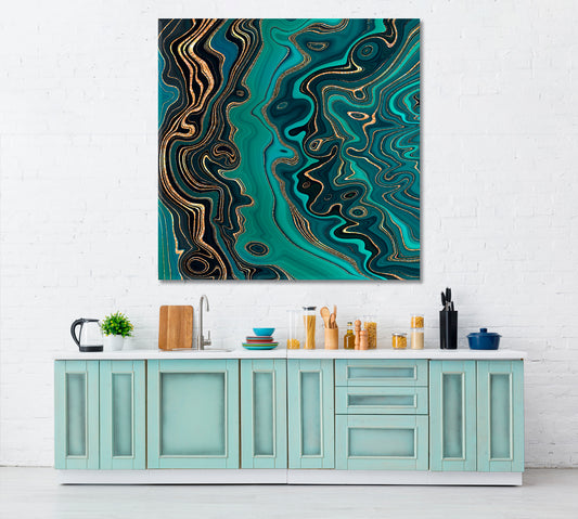 MALACHITE Abstract Green Wavy Lines Gold Glitter Veins Modern Marble Fluid Art, Oriental Marbling Canvas Print Artesty