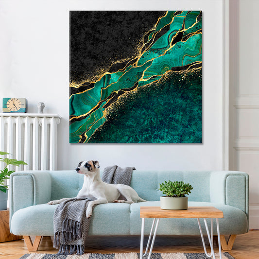 MALACHITE Japanese Kintsugi Technique Abstract Green Black Marble with Gold Veins Stone Canvas Print - Square Fluid Art, Oriental Marbling Canvas Print Artesty