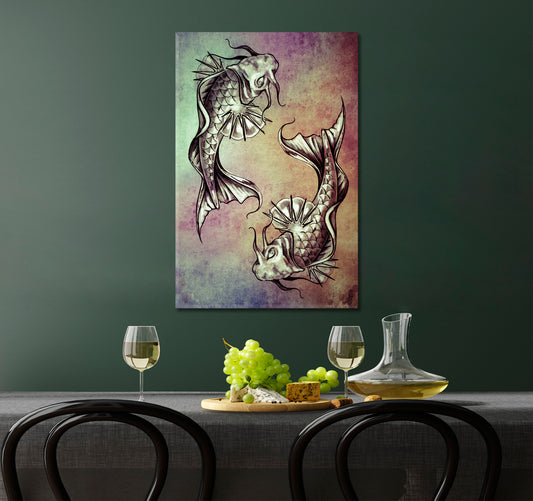 JAPANESE GOLDFISH Symbol of Good Fortune and Luck Koi Fishes Japanese Style Vintage - Square Panel - Vertical 1 panel Asian Style Canvas Print Wall Art Artesty