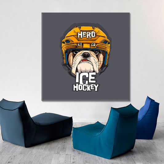 Bulldog In Yellow Ice Hockey Helmet Poster Animals Canvas Print Artesty