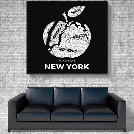 New York Big Apple City Map Typography Style Poster Maps Canvas Artwork Artesty