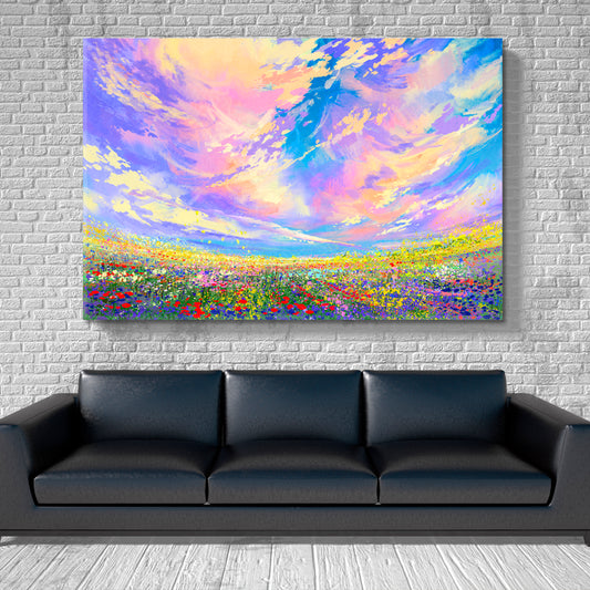COLORFUL LANDSCAPE Field Flowers Beautiful Clouds Fine Art Artesty 1 panel 24" x 16"