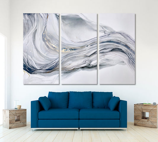 Beautiful Tender Blue Gray Abstract Waves Marble Effect Painting Fluid Art, Oriental Marbling Canvas Print Artesty 3 panels 36" x 24"