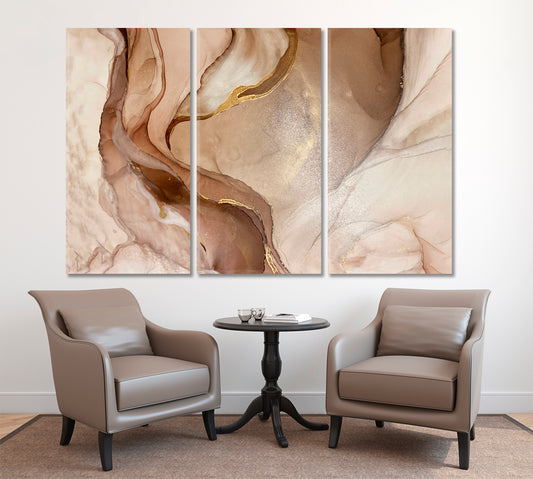 Abstract Marble Beige Golden Veins Neutral Earth Tones Ink Painting Fluid Art, Oriental Marbling Canvas Print Artesty 3 panels 36" x 24"