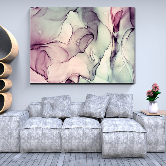 Ink In Water Abstract Lavender Pale Lilac & Green Olive Marble Pattern Fluid Art, Oriental Marbling Canvas Print Artesty