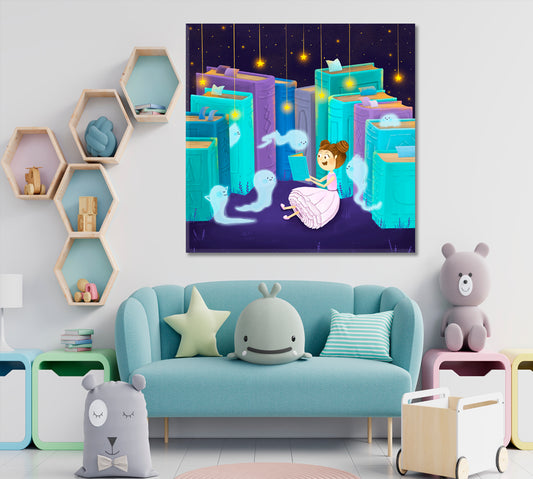 BEDTIME STORY Cute Little Girl Books & Ghosts Sweet Kids Baby Nursery - S Kids Room Canvas Art Print Artesty