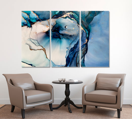ABSTRACT CLOUDS Marble Blue Trendy Contemporary Fluid Poster Fluid Art, Oriental Marbling Canvas Print Artesty 3 panels 36" x 24"