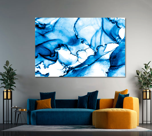 Winter Tones Blue Ink Abstract Marble Veins Fluid Art, Oriental Marbling Canvas Print Artesty 1 panel 24" x 16"