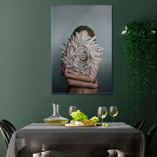 OBSCURED WITH FEATHER Woman Fragile Plumage Abstract Surreal Contemporary Art Artesty