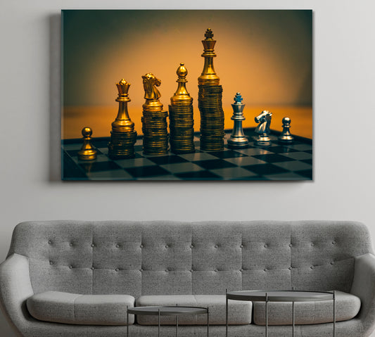 Chess Board Gold Coins Wealth Business Investment Finance Money Business Concept Wall Art Artesty 1 panel 24" x 16"