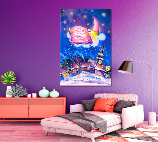 Sleeping Moon on Cloud Kids Room Concept Canvas Print | Vertical Kids Room Canvas Art Print Artesty
