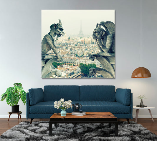 Gargoyle and Chimera from Notre Dame de Paris Vintage Style Canvas Print | Square Panel Cities Wall Art Artesty