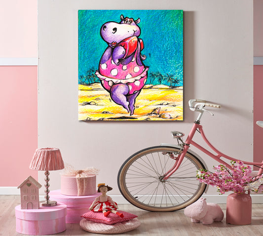 CUTE HIPPO | Hippopotamus Whimsical Animals Kids Room, Bathroom Canvas Print - Square Panel Animals Canvas Print Artesty