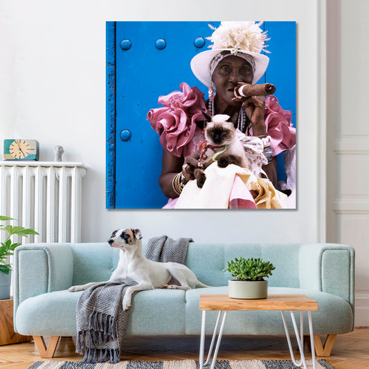OLD HAVANA Cuban Woman with Cigar Canvas Print - Square Panel People Portrait Wall Hangings Artesty