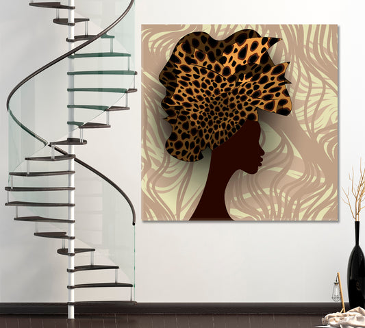 African Woman Portrait Soft Beige Tones Jungle Afro Safari Tropical Pattern African Style Canvas Print Artesty