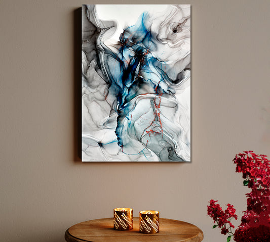 Tender Grey Blue Abstract Marble Veins Alcohol Ink Flow Fluid Art, Oriental Marbling Canvas Print Artesty