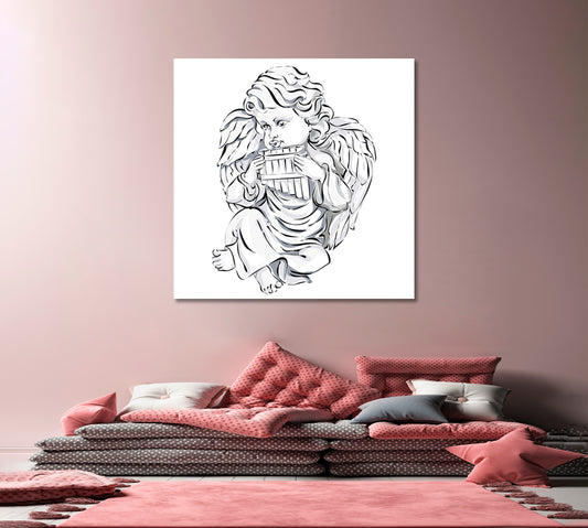 Cupid Baby Face Angel Wall Art Canvas Print | Square Panel Black and White Wall Art Print Artesty