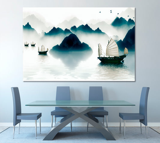 Mountains Sailboat Horizon Traditional Chinese Ink Landscape Asian Style Canvas Print Wall Art Artesty