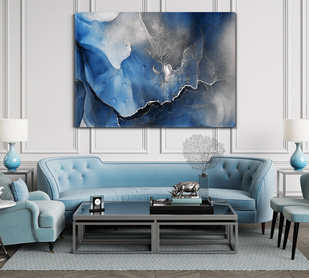 ABSTRACT SKY Translucent Dark Blue Ink Flow Black Gray Marble Veins Fluid Art, Oriental Marbling Canvas Print Artesty 1 panel 24" x 16" 