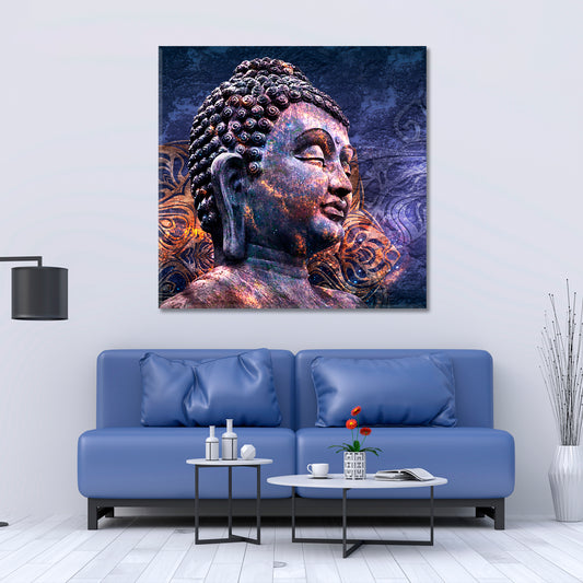Head of Lord Buddha Profile Multicolored Psychedelic Religious Modern Art Artesty
