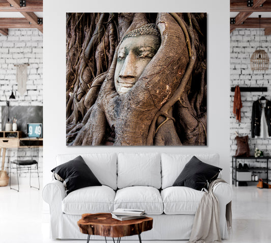 Head of Buddha Statue Tree Roots Wat Mahathat Ayutthaya Thailand Canvas Print | Square Panel Famous Landmarks Artwork Print Artesty 1 Panel 12"x12"