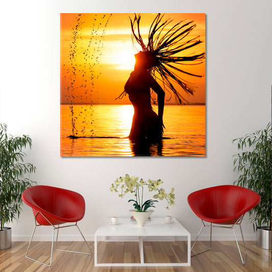 SEA SPLASH Golden Sunset Beautiful Female Silhouette Scenery Landscape Fine Art Print Artesty