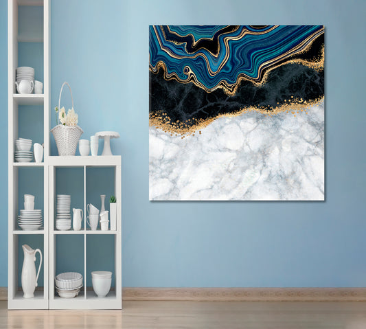 White Blue Black Gold Abstract Marble Effect Canvas Print - Square Fluid Art, Oriental Marbling Canvas Print Artesty