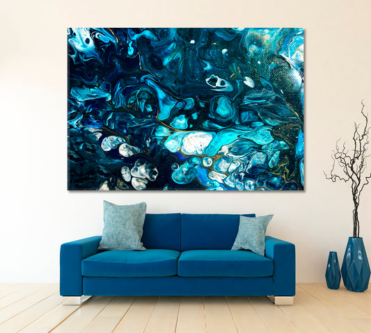 SPACE Abstract Dark Blue Waves Liquid Paint Marble Pattern Fluid Art, Oriental Marbling Canvas Print Artesty