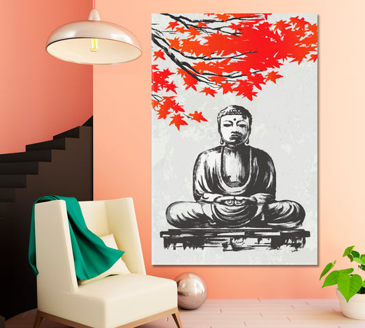 HARMONY Great Buddha of Kamakura with Maple Branch Oriental Style - Vertical Asian Style Canvas Print Wall Art Artesty