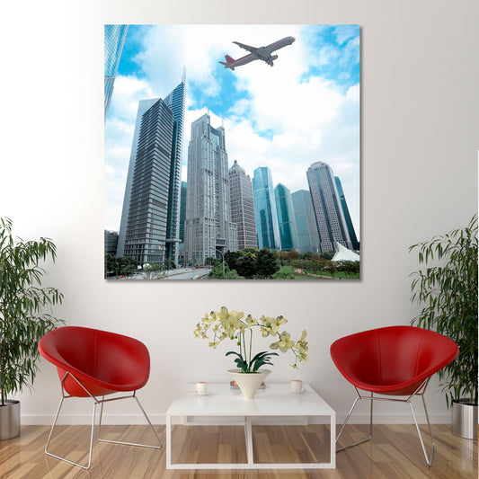 Modern Building Airplane Under Sky Shanghai Skyscrapers Cities Wall Art Artesty