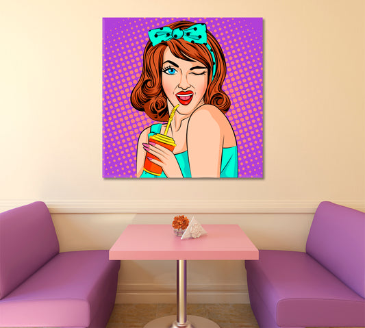 Pop Retro Style Lady with Cola Drink Pop Art Canvas Print Artesty