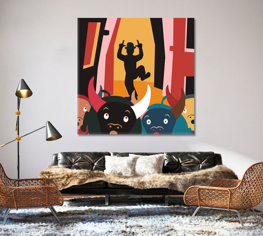 Running Bulls Man Street Festival Abstract Abstract Art Print Artesty