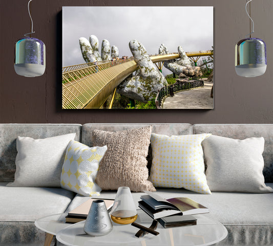 GOLDEN BRIDGE Lifted by Two Giant Hands Tourist Resort Vietnam Canvas Print Famous Landmarks Artwork Print Artesty