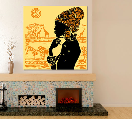 Silhouette Beautiful African Woman Africa Landscape African Style Canvas Print Artesty