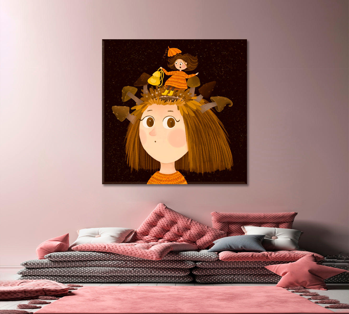 THOUGHTS Getting Into Big Head Surreal Kids Fairy Nursery Art Canvas Print | Square Panel Kids Room Canvas Art Print Artesty