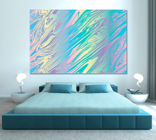 Light Blue Mint Yellow Pink Purple Holographic Pearlized Liquid Marble Fluid Art, Oriental Marbling Canvas Print Artesty