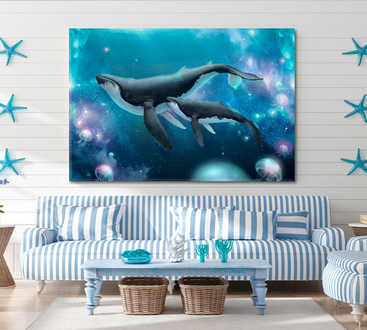 Whale Family Jellyfishes Ocean Underwater Sealife Watercolor Painting Nautical, Sea Life Pattern Art Artesty