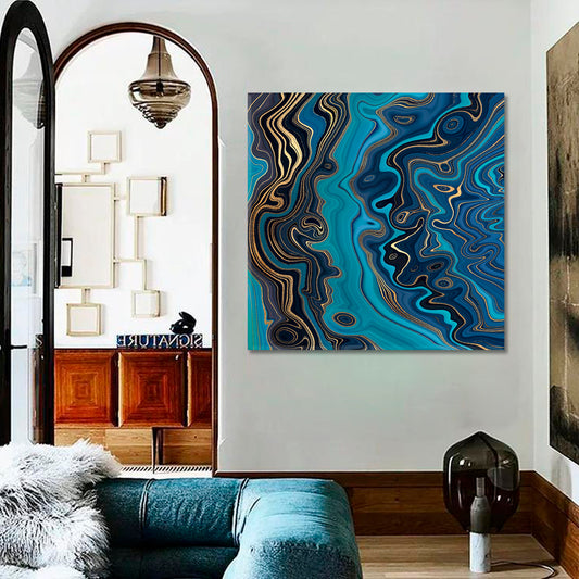 TURQUOISE BLUE AND GOLD VIENS Marble Effect Pattern Trendy Canvas Print - Square Fluid Art, Oriental Marbling Canvas Print Artesty