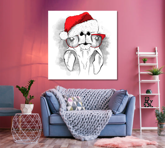 Cute Giraffe Portrait Santa's Hat Christmas Poster Canvas Print | Square Panel Animals Canvas Print Artesty