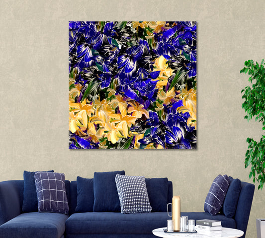 Blue and Yellow Flowers Abstract Painting Floral & Botanical Split Art Artesty