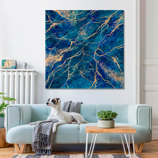 Abstract Blue Natural Stone Luxury Style Swirls of Marble | Square Fluid Art, Oriental Marbling Canvas Print Artesty
