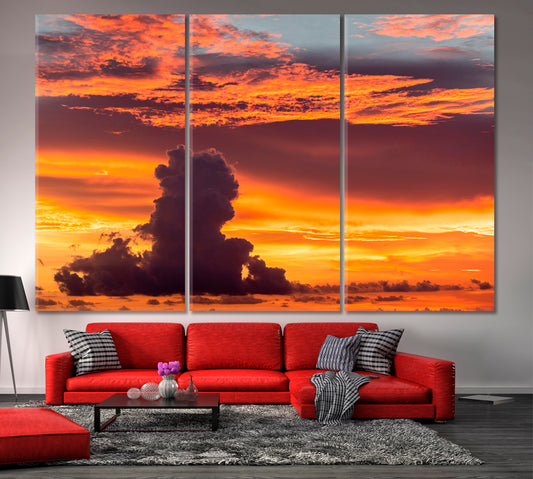 SKYSCAPE Tropical Sunset Amazing Red Orange Pink Clouds Majestic Colorful Canvas Print Skyscape Canvas Artesty 3 panels 36" x 24"