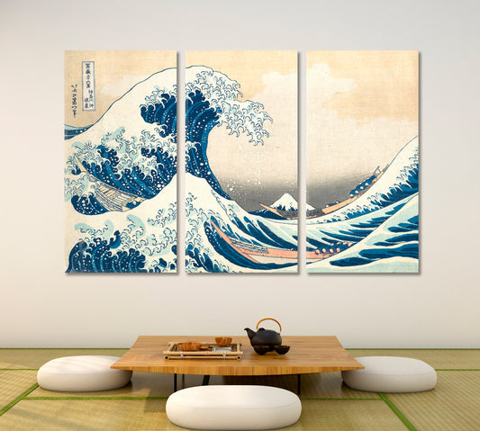 THE GREAT WAVE OFF KANAGAWA Inspired by Japanese Artist Hokusai Asian Style Canvas Print Wall Art Artesty 3 panels 36" x 24"