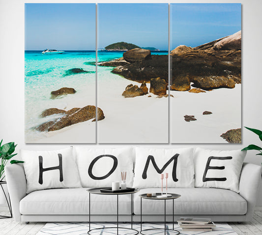 Tropical Island White Sand Beach Sea bay Clear Emerald Water Large Black Stones Idyllic Romantic Place Tropical, Exotic Art Print Artesty 3 panels 36" x 24"