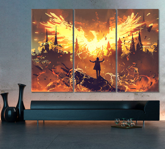 SURREAL FANTASY Mysterious Wizard And Phoenix Canvas Print Surreal Fantasy Large Art Print Décor Artesty 3 panels 36" x 24"