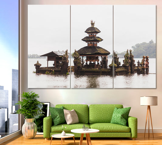 ASIA Antique Temple Bali Misty Landscape Ulun Danu Bratan Asian Style Canvas Print Wall Art Artesty 3 panels 36" x 24"