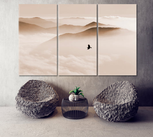 Breathtaking Landscape Sky and Mountain Mist, Silhouettes of Misty Mountains, bird flying, sepia toning Skyscape Canvas Artesty